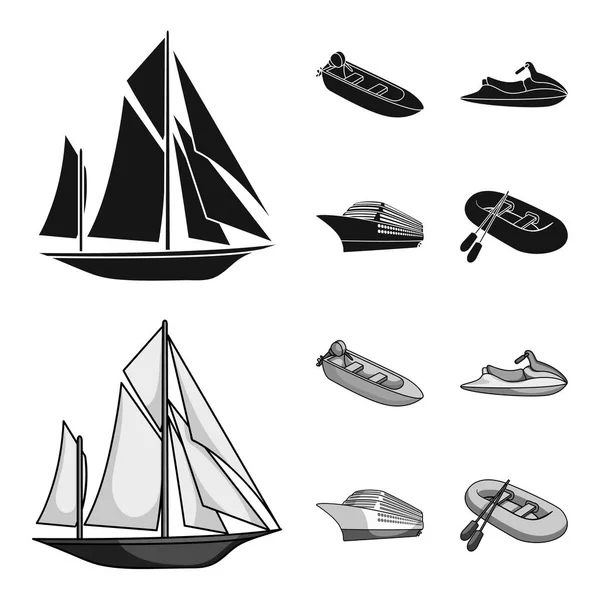 Antica barca a vela, barca a motore, scooter, transatlantico nautico.Navi e trasporto d'acqua set di icone di raccolta in nero, stile monocromatico vettore simbolo stock illustrazione web . — Vettoriale Stock