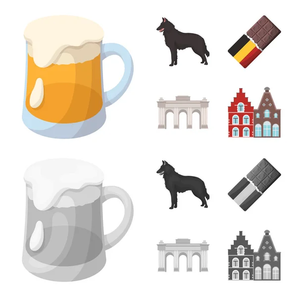 Čokoláda, katedrála a další symboly země. Belgie sada kolekce ikon v karikatuře, monochromatické stylu vektor symbol akcií ilustrace web. — Stockový vektor