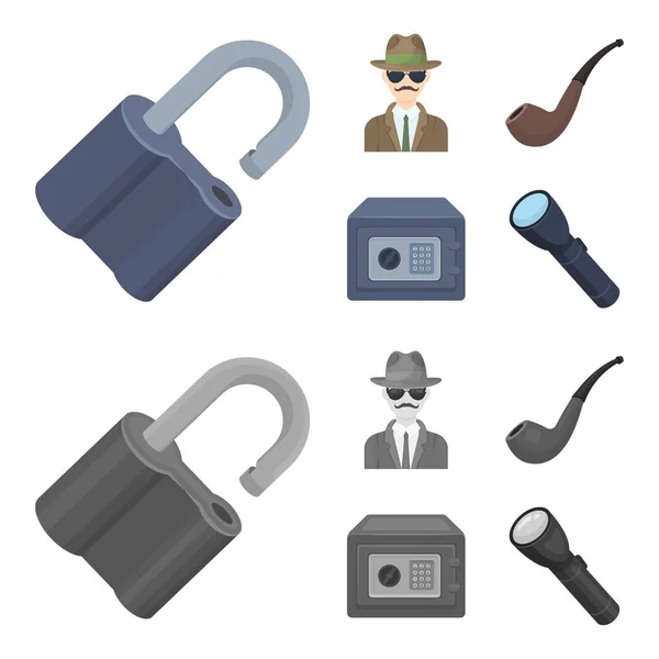 Bloqueo hackeado, caja fuerte, pipa humeante, detective.Detective privado conjunto de iconos de la colección en la historieta, el estilo monocromo vector símbolo stock ilustración web . — Vector de stock