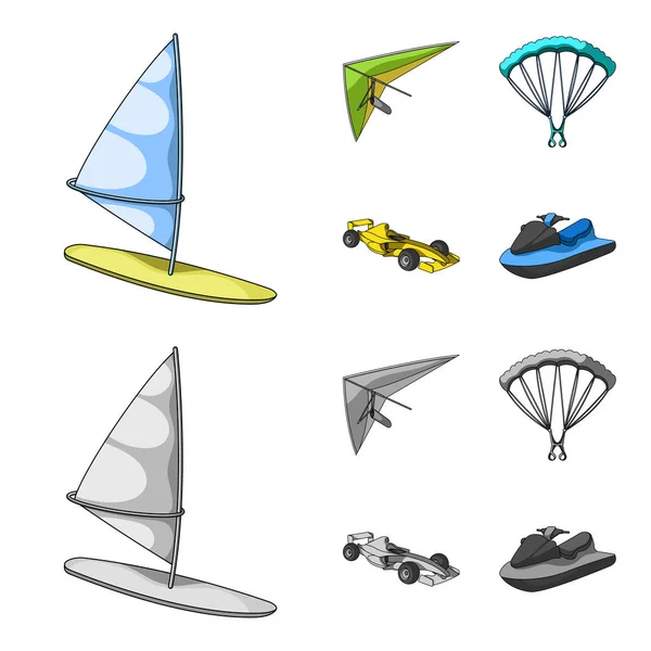 Hang glider, parachute, racing car, water scooter.Extreme sport set collection icons in cartoon,monochrome style vector symbol stock illustration web. — Stock Vector