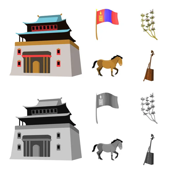 Bandera nacional, caballo, instrumento musical, planta esteparia. Mongolia conjunto de iconos de colección en la historieta, el estilo monocromo vector símbolo stock ilustración web . — Vector de stock