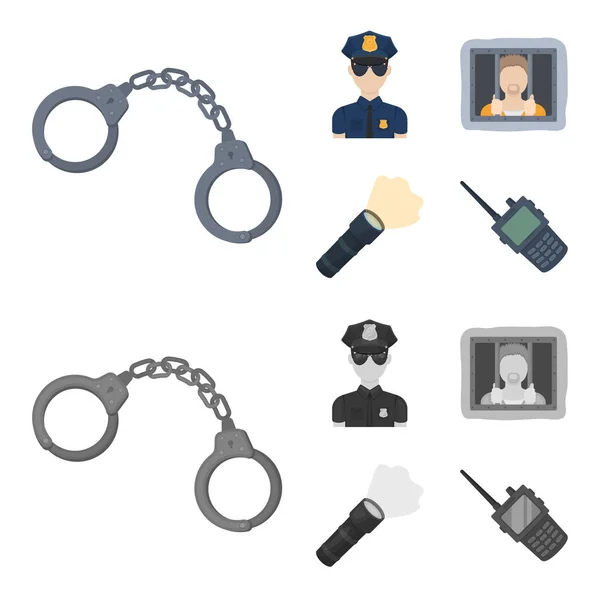 Esposas, policía, prisionero, linterna. La policía establece iconos de la colección en la historieta, el estilo monocromo vector símbolo stock illustration web . — Archivo Imágenes Vectoriales