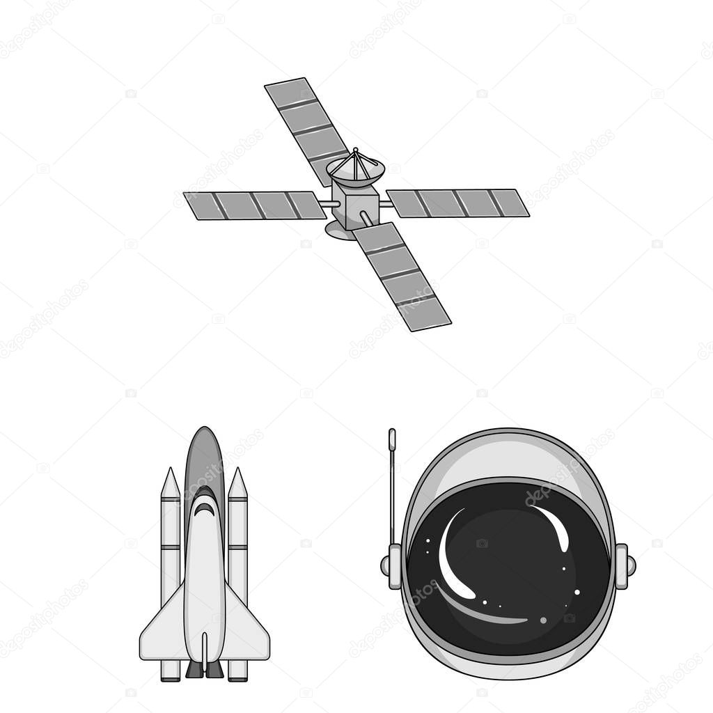 Space technology monochrome icons in set collection for design.Spacecraft and equipment vector symbol stock web illustration.