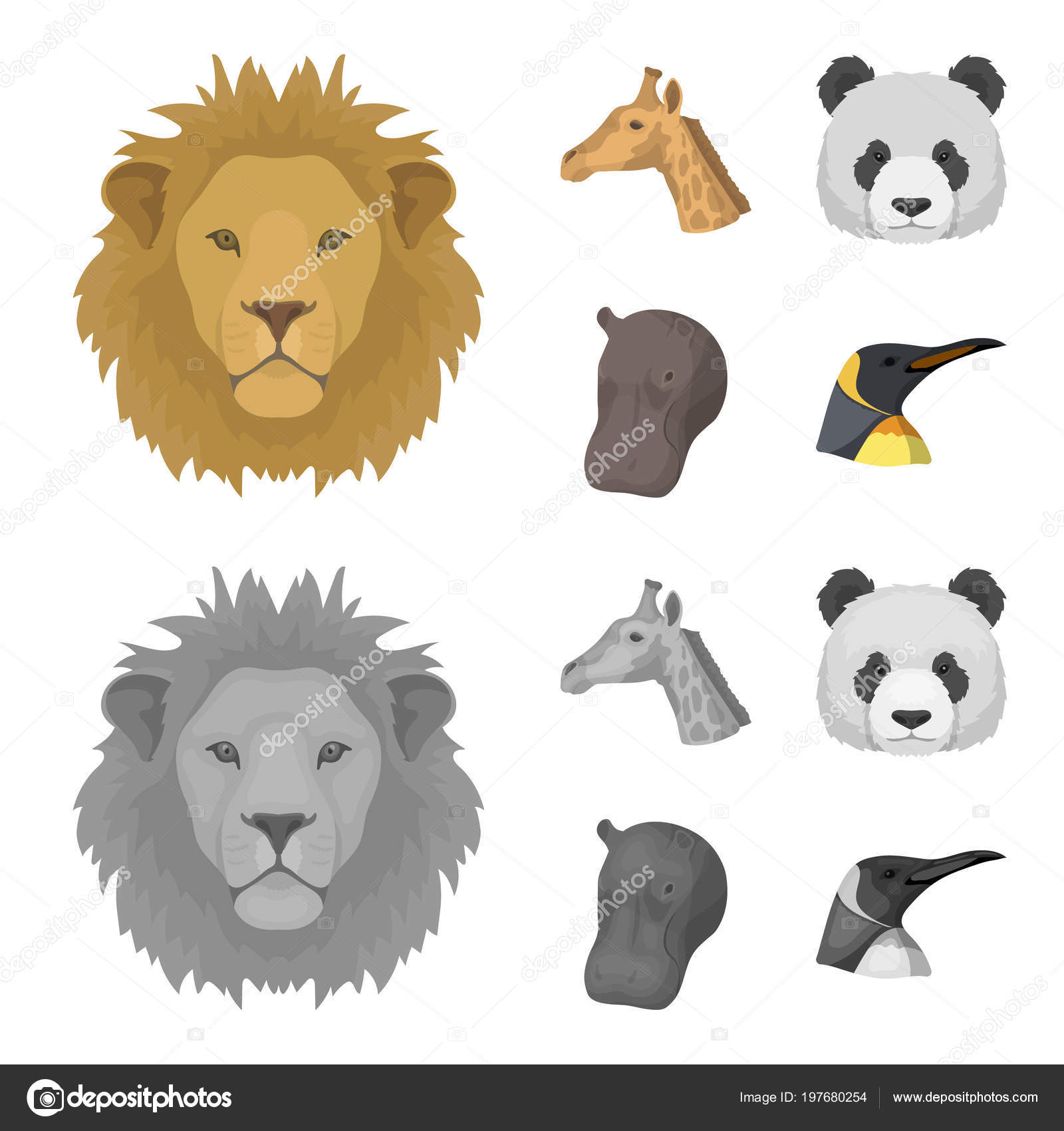 パンダ、キリン、カバ、ペンギン、リアルな動物がモノクロ スタイル