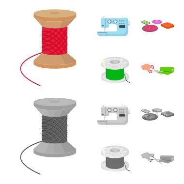 İplik makaraları, dikiş makinesi, bobin, pugwitz ve diğer ekipmanlar. Dikiş ve ekipman toplama simgeler çizgi film, tek renkli stil vektör simge stok illüstrasyon ayarla .