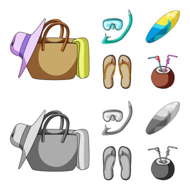 Dalış, sörf, kokteyl. Yaz tatili toplama simgeler çizgi film, tek renkli stil vektör simge stok çizim web ayarla..