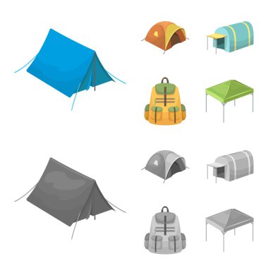 Sırt çantası ve diğer tür çadır. Çadır toplama simgeler çizgi film, tek renkli stil vektör simge stok çizim web ayarla..