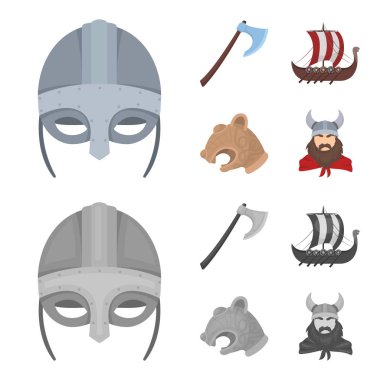 Viking kask, savaş baltası, çaylak kalkanlar, ejderha, hazine ile kürek üzerinde. Vikingler çizgi film, tek renkli stil vektör simge stok çizim web simgeler ayarla.