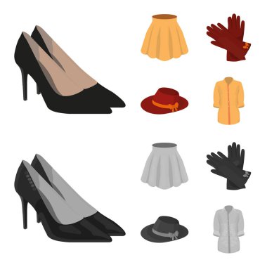 Etek kıvrımlar, deri eldiven, bir yay ile kadın şapka, raptiye forması ile. Kadın giyim koleksiyonu Icons set çizgi film, tek renkli stil vektör simge stok çizim web.