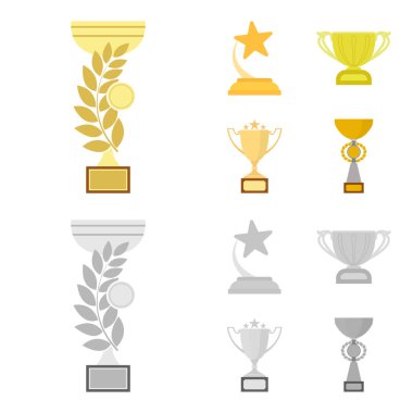Gold Cup çizgi film, tek renkli simgeler toplama tasarımı için ayarlayın. Kazananlar Kupası vektör simge stok web çizim.