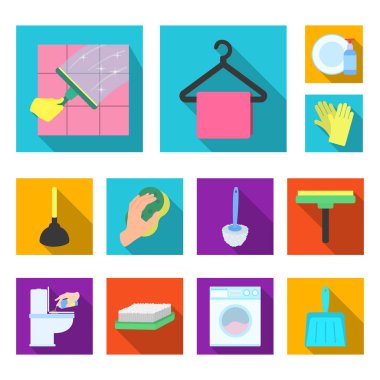 Temizlik ve hizmetçi düz simgeler set koleksiyonu tasarım için. Vektör simge stok illüstrasyon Temizleme için donatım.