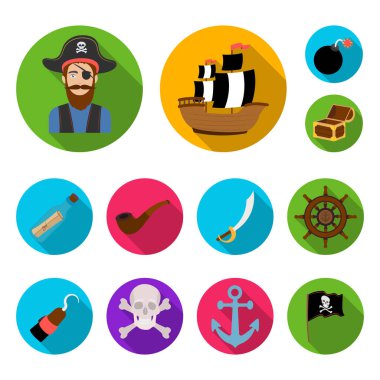 Korsan, deniz soyguncu düz simgeler set koleksiyonu tasarım için. Hazineler, öznitelikleri sembol stok web illüstrasyon vektör.
