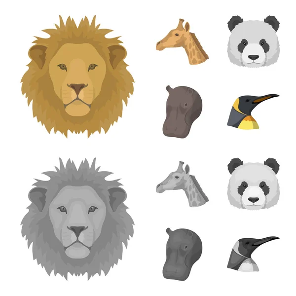 熊猫, 长颈鹿, 河马, 企鹅, 现实动物集合图标在卡通, 单色风格矢量符号股票插画网站. — 图库矢量图片