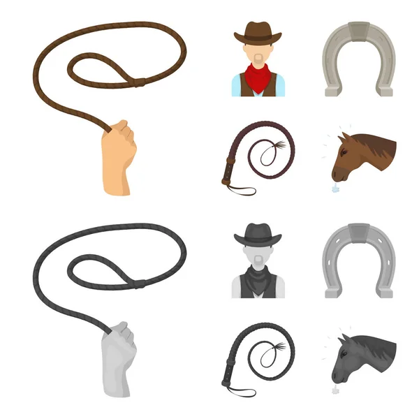 Hand lasso, cowboy, hoefijzer, zweep. Rodeo instellen collectie iconen in de tekenfilm, zwart-wit stijl vector symbool stock illustratie web. — Stockvector