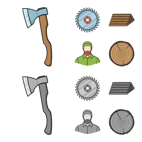 Sierra circular, un carpintero de trabajo, un montón de troncos. Un aserradero y madera conjunto colección iconos en dibujos animados, monocromo estilo vector símbolo stock ilustración web . — Vector de stock