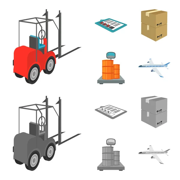 Heftruck, levering slips, verpakte goederen, lading op weegschalen. Logistiek en levering instellen collectie iconen in de tekenfilm, zwart-wit stijl isometrische vector symbool stock illustratie web. — Stockvector