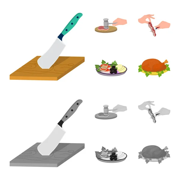 Cortar en una tabla de cortar, martillo para chuletas, cocinar tocino, comer pescado y verduras. Comer y cocinar conjunto de iconos de la colección en dibujos animados, el estilo monocromo vector símbolo stock ilustración web . — Archivo Imágenes Vectoriales