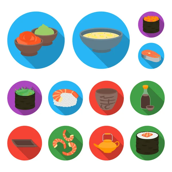 Sushi y condimentos iconos planos en la colección de conjuntos para el diseño. Alimentos de mariscos, accesorio vector símbolo stock web ilustración . — Vector de stock