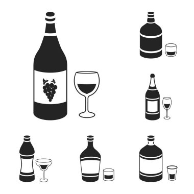 Set koleksiyonu tasarım için alkol siyah simgeler türleri. Alkol şişeleri vektör simge stok çizimde.