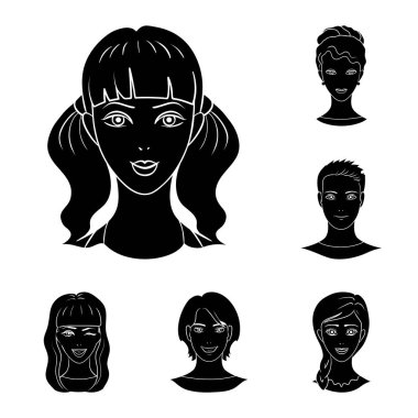 Set koleksiyonu tasarım için simgeler siyah avatar ve yüz. Bir kişi görünümü vektör simge stok web çizim.