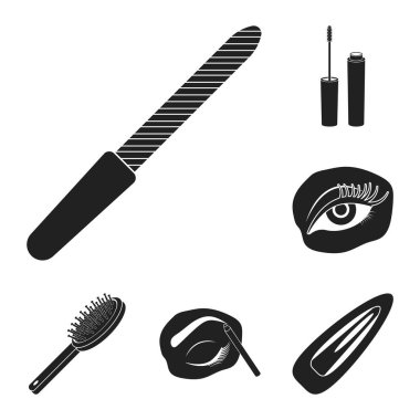 Set koleksiyonu tasarım için simgeler siyah makyaj ve kozmetik. Makyaj ve ekipman sembol stok web illüstrasyon vektör.