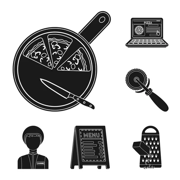 Pizza i pizzeria czarny ikony w kolekcja zestaw do projektowania. Personel i sprzęt symbol web czas ilustracja wektorowa. — Wektor stockowy