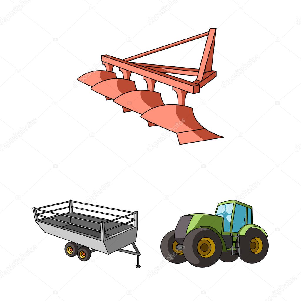 Agricultural machinery cartoon icons in set collection for design. Equipment and device vector symbol stock web illustration.