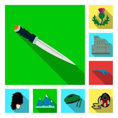 Ülke İskoçya set koleksiyonu tasarım için düz simgeler. Gezi, kültür ve gelenek sembol stok web illüstrasyon vektör.