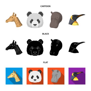 Panda, zürafa, su aygırı, Penguen, gerçekçi hayvanlar çizgi film, siyah, düz stil vektör simge stok çizim web simgeler ayarla.
