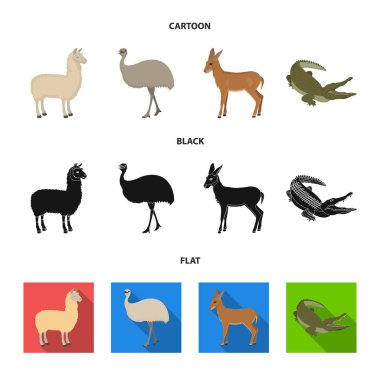 Lama, devekuşu emu, Genç antilop, hayvan timsah. Vahşi hayvan, kuş, sürüngen toplama simgeler çizgi film, siyah, düz stil vektör simge stok çizim web ayarla.