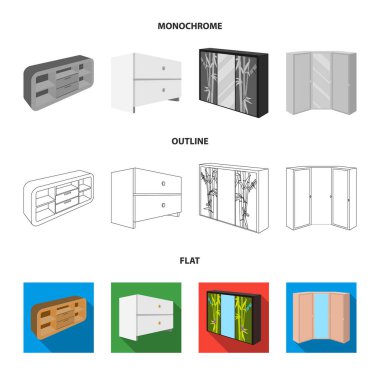 Çekmeceli, ayna, köşe dolap, beyaz göğüs ile dolap. Yatak odası mobilya koleksiyonu Icons set düz, anahat, tek renkli stil vektör simge stok çizim web.