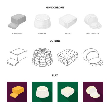 Mozzarella peyniri, beyaz peynir, kaşar peyniri, ricotta. Farklı peynir toplama simgeler koymak düz, anahat, tek renkli stil vektör simge stok çizim web.