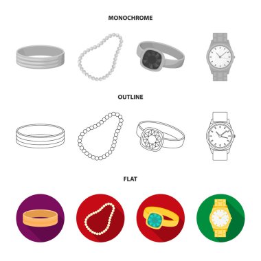 Nişan yüzüğü, inci, Erkek Yüzükler, kol saati altın boncuk. Takı ve aksesuar koleksiyonu Icons set düz, anahat, tek renkli stil vektör simge stok çizim web.