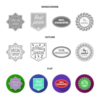 Özel teklif, en iyi ŞA, garanti, bio ürün. Etiket, toplama simgeler koymak düz, anahat, tek renkli stil vektör simge stok çizim web.