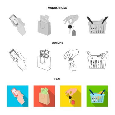 Cep telefonu, para ile bir paket ve diğer web simgesi düz, anahat, tek renkli stil. elinde bir sepet ile gıda simgeler kümesi koleksiyonundaki bir anahtar.