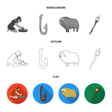 Sığır, yakalamak, kanca, Balık tutma. Taş devri toplama simgeler koymak düz, anahat, tek renkli stil vektör simge stok çizim web.