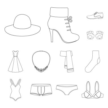 Giysi ve aksesuarları set koleksiyonu tasarım için simgeleri anahat. Ayakkabı ve dekorasyon sembol stok web illüstrasyon vektör.