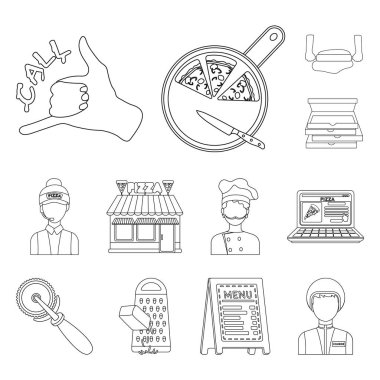 Set koleksiyonu tasarım için pizza ve pizza anahat simgeleri. Personel ve ekipman sembol stok web illüstrasyon vektör.