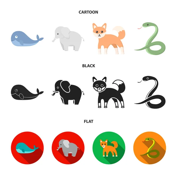Baleine, éléphant, serpent, fox.Animal set collection icônes en dessin animé, noir, plat style vectoriel symbole illustration web . — Image vectorielle