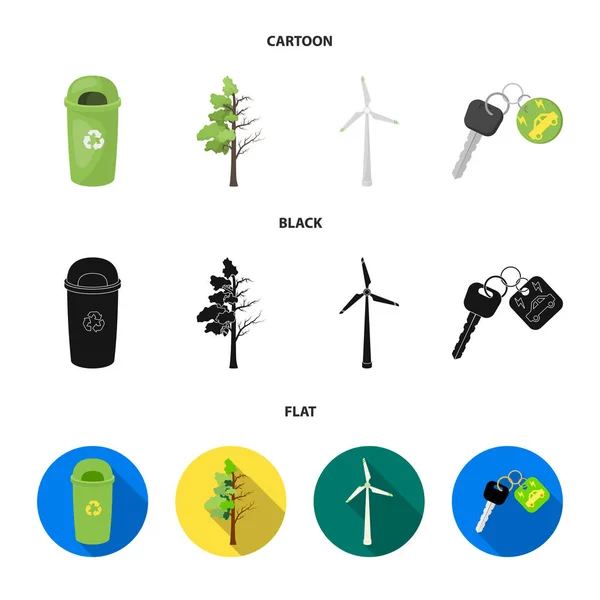 Popelnice, nemocné strom, větrná turbína, klíč k vozu bio. Bio a ekologie sada kolekce ikon v karikatuře, černá, plochý vektor symbol skladem ilustrace web. — Stockový vektor