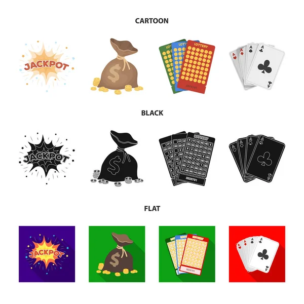 Jack ιδρώτα, μια τσάντα με τα χρήματα που κέρδισε, κάρτες για το παιχνίδι Bingo, παίζοντας χαρτιά. Καζίνο και τυχερά παιχνίδια σύνολο συλλογή εικονίδια στο καρτουν, μαυρες, επίπεδη στυλ διάνυσμα σύμβολο μετοχής εικονογράφηση web. — Διανυσματικό Αρχείο