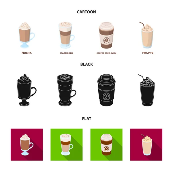 Mokka, macchiato, frappe, wziąć kawę. Różne rodzaje kawy zestaw kolekcji ikon w www ilustracji symbol wektor rysunek, czarny, płaski. — Wektor stockowy