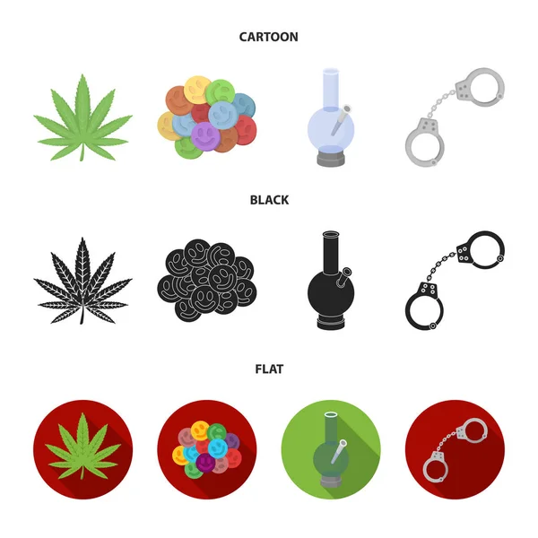 Hemp leaf, ecstasy pill, handcuffs, bong.Drug set collection icons in cartoon,black,flat style vector symbol stock illustration web. — Stock Vector