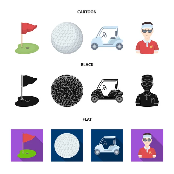 Feld mit einem Loch und einer Fahne, einem Golfball, einem Golfer, einem elektrischen Golfcart.Golf Club Set Sammlung Symbole in Cartoon, schwarz, flachen Stil Vektor Symbol Stock Illustration Web. — Stockvektor