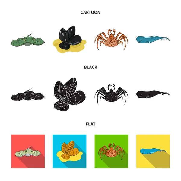 Electric ramp, mussels, crab, sperm whale.Sea animals set collection icons in cartoon,black,flat style vector symbol stock illustration web. — Stock Vector