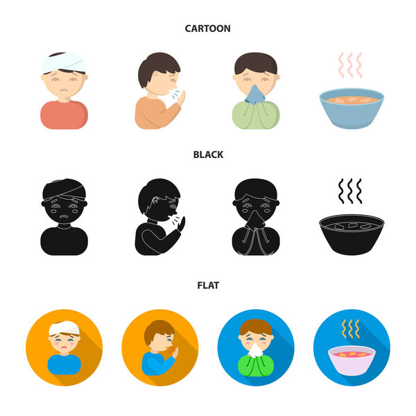A man with a bandaged head, a man coughing, a man snorts a snot, a bowl, a bowl of hot broth into a handkerchief. Sick set collection icons in cartoon,black,flat style vector symbol stock illustration