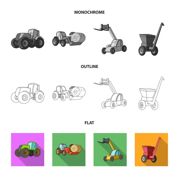 Traktor, Heuwuchtmaschine und andere landwirtschaftliche Geräte. Landmaschinen Set Sammlung Symbole in flachen, umrissenen, monochromen Stil Vektor Symbol Stock Illustration Web. — Stockvektor