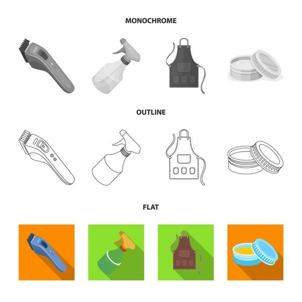 Elektrische Haarschneidemaschine, Schürze, Creme und andere Accessoires für einen männlichen Friseur. Barbershop Set Sammlung Symbole in flachen, umrissenen, monochromen Stil Vektor Symbol Stock Illustration Web. — Stockvektor