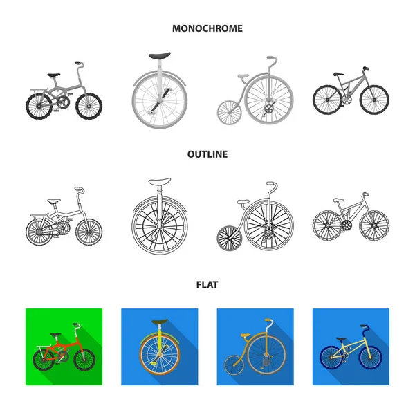 Retro, Einrad und andere Arten. Verschiedene Fahrräder setzen Sammlungssymbole in flachen, umrissenen, monochromen Stil Vektor-Symbol Stock Illustration Web. — Stockvektor