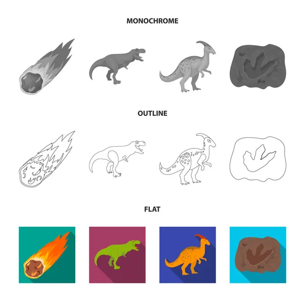 Un meteorite in caduta, un parasaurolofo, un tirannosauro, un'impronta di un piede di dinosauro. Il dinosauro e il periodo preistorico impostano icone di raccolta in piano, contorno, stile monocromatico vettore simbolo stock — Vettoriale Stock